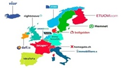 Los logotipos de los principales sitios web de venta de bienes raíces en el mapa de Europa